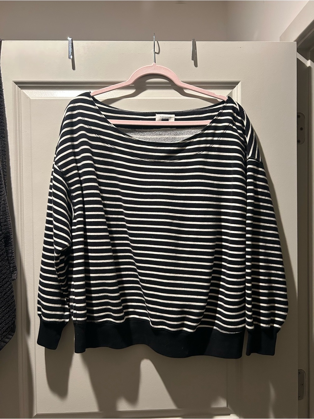American Eagle Striped Black and White Boatneck Pullover